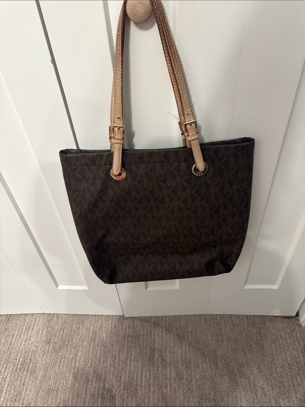 Michael Kors Dark Brown Signature Tote with Tan Straps